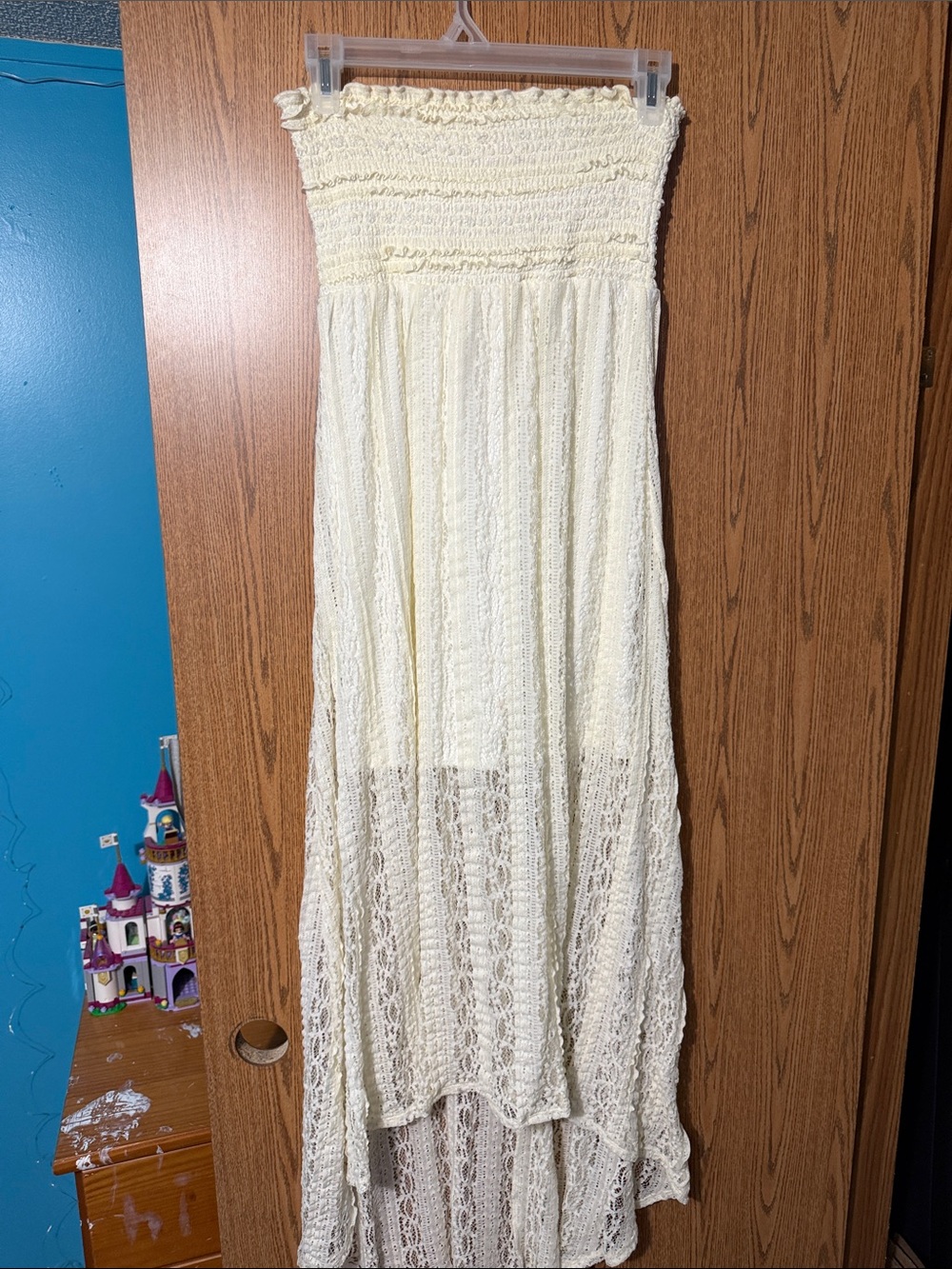 Xhilaration Cream Strapless Crochet High-Low Maxi Dress